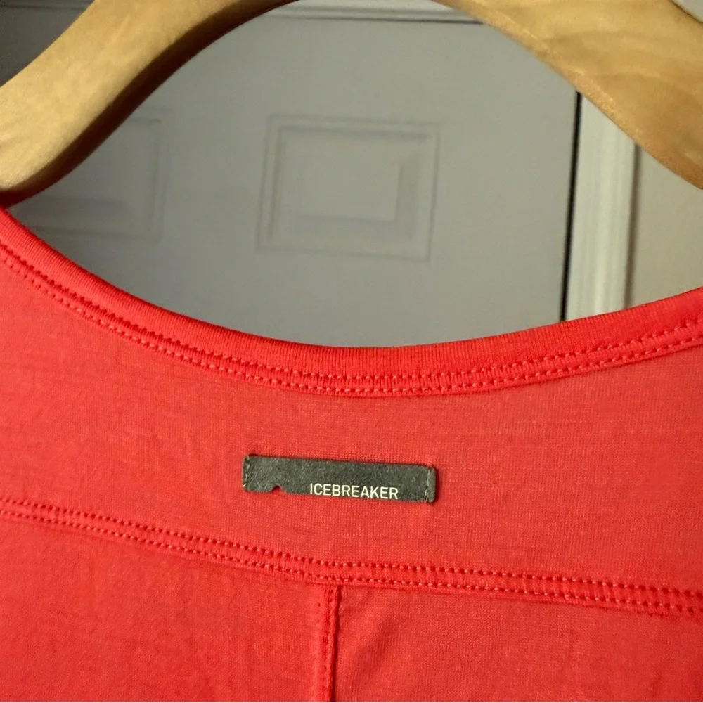 ICEBREAKER coral pink red orange wool surplice ruched midi dress - Picture 5 of 7